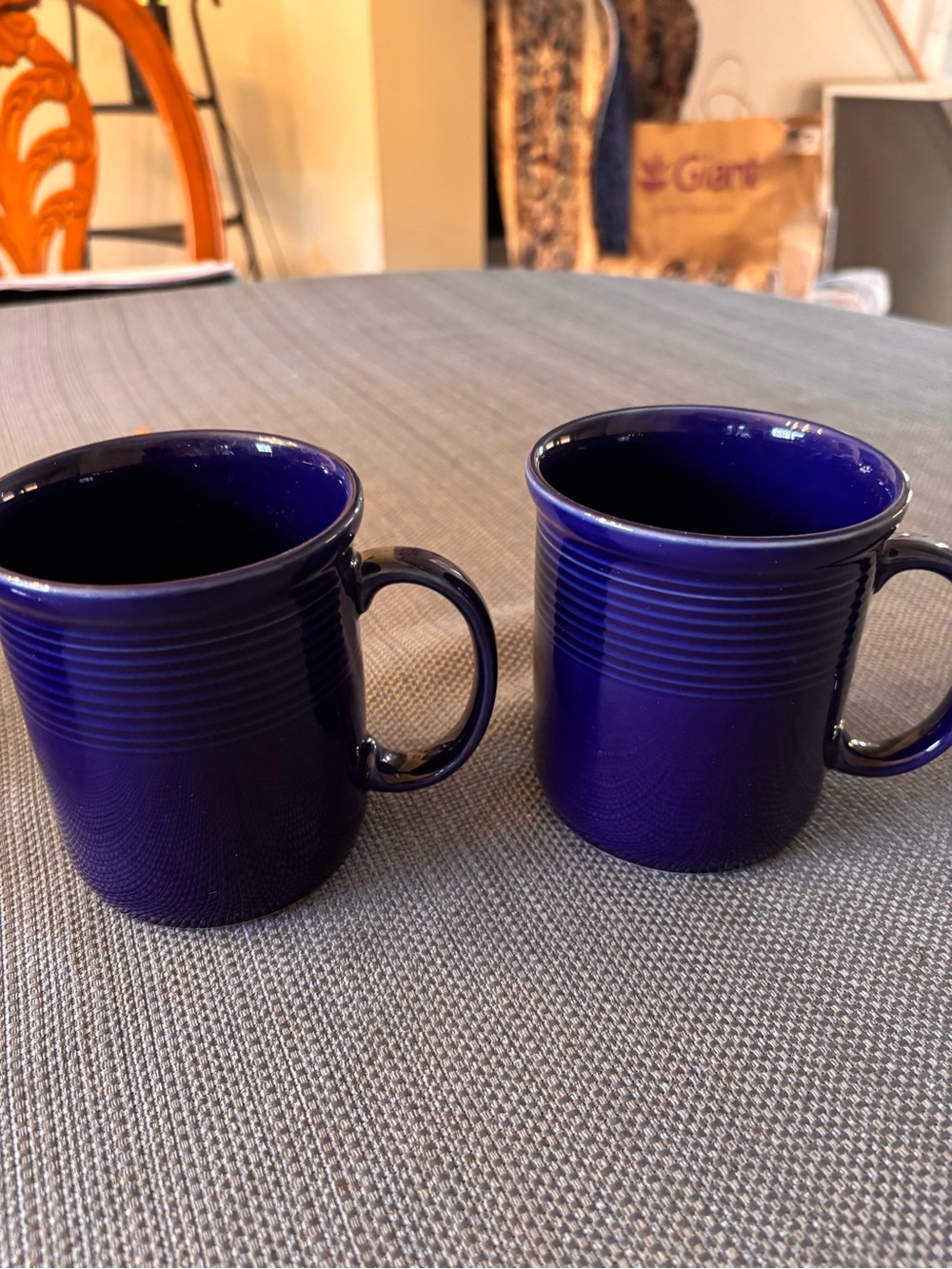 Set of 2 vintage Rio Japan Deep Cobalt Blue Ceramic Mugs with Ribbed Detail